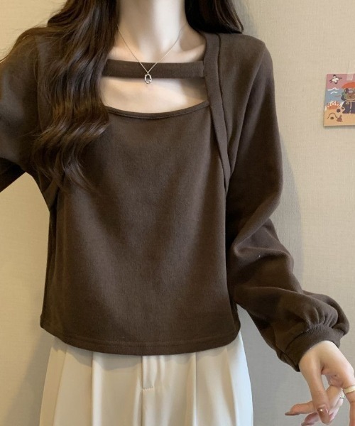 cammie（キャミー）の「レイヤード風デザイン長袖プルオーバー（Tシャツ/カットソー・レディース・アイボリー/ブラウン・MEDIUM/LARGE）」の10枚目の写真