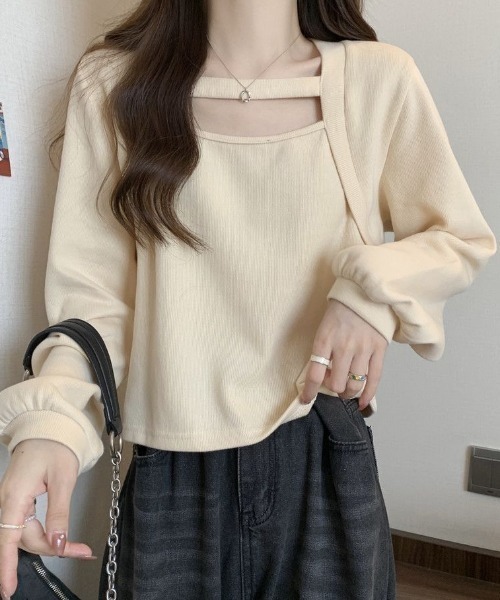 cammie（キャミー）の「レイヤード風デザイン長袖プルオーバー（Tシャツ/カットソー・レディース・アイボリー/ブラウン・MEDIUM/LARGE）」の5枚目の写真
