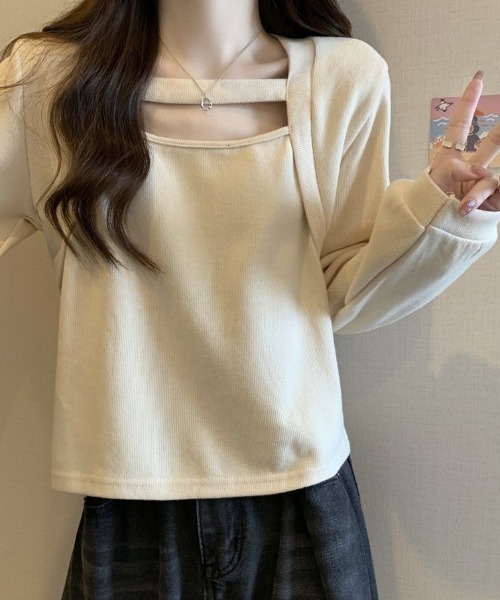cammie（キャミー）の「レイヤード風デザイン長袖プルオーバー（Tシャツ/カットソー・レディース・アイボリー/ブラウン・MEDIUM/LARGE）」の6枚目の写真