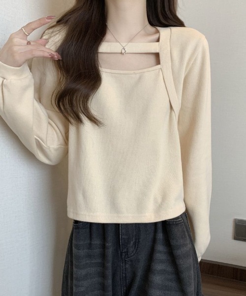 cammie（キャミー）の「レイヤード風デザイン長袖プルオーバー（Tシャツ/カットソー・レディース・アイボリー/ブラウン・MEDIUM/LARGE）」の4枚目の写真
