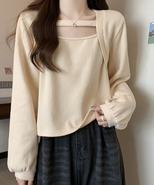 cammie（キャミー）の「レイヤード風デザイン長袖プルオーバー（Tシャツ/カットソー・レディース・アイボリー/ブラウン・MEDIUM/LARGE）」の3枚目の写真