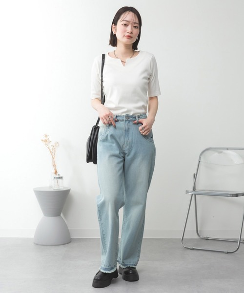 MARAI(マーライ)の「キーネック五分袖カットソー(Tシャツ/カットソー・レディース・ホワイト/カーキ/ブラック/グレー/杢グレー・M/3L/4L/L/LL)」の7枚目の写真