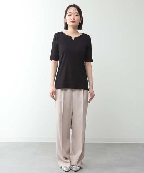 MARAI(マーライ)の「キーネック五分袖カットソー(Tシャツ/カットソー・レディース・ホワイト/カーキ/ブラック/グレー/杢グレー・M/3L/4L/L/LL)」の14枚目の写真