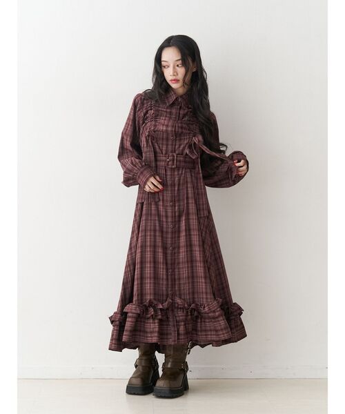 jouetie（ジュエティ）の「ドロストリボンチェックシャツワンピース（ワンピース・レディース・ボルドー/グリーン・MEDIUM）」の13枚目の写真
