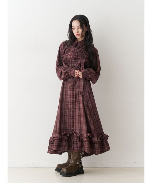 ドロストリボンチェックシャツワンピース（ワンピース）｜jouetie