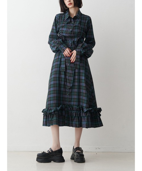 ドロストリボンチェックシャツワンピース（ワンピース）｜jouetie