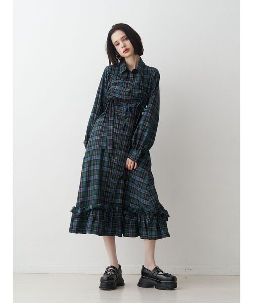 ドロストリボンチェックシャツワンピース（ワンピース