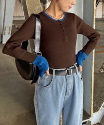 【ISOOK / アイスー】配色キーネックリブニット / ヘンリーネック レイヤード風 プルオーバー ヘンリーネック 長袖 ロングスリーブ 指穴 サムホール ZOZOTOWN限定