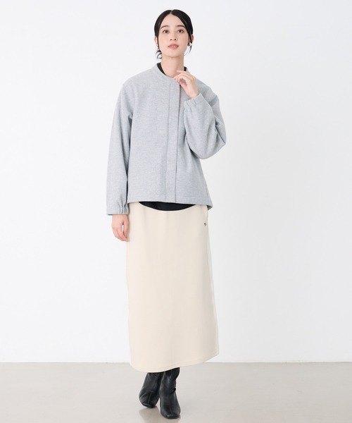 ハグオーワーノーカラージャケット ヘリンボーン セール】ウールライクメルトン コクーンジャケット（ノーカラー