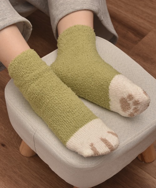 VIBGYOR Women(ヴィブジョー ウィメン)の「【float】ふわふわ モコモコ ネコ柄 パステル カラー デザイン ルームソックス【12色展開】(ソックス/靴下・レディース・グレー系1/ベージュ系2/グリーン系2/ブルー系3/ブルー系1/ピンク系1/ピンク系2/ピンク系3/グリーン系1/ベージュ系3/グリーン系3/ブルー系2・FREE)」の2枚目の写真