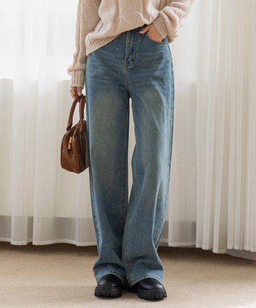 DAY CLOSET（デイ クローゼット）の「【ウォッシュ加工/穿くだけトレンド】大人っぽ煌めきラインストーンストレートデニムパンツ（デニムパンツ・レディース・ライトブルー/インディゴブルー/ブラック・L/S/M）」の20枚目の写真