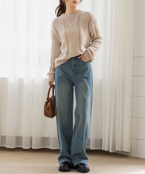 DAY CLOSET（デイ クローゼット）の「【ウォッシュ加工/穿くだけトレンド】大人っぽ煌めきラインストーンストレートデニムパンツ（デニムパンツ・レディース・ライトブルー/インディゴブルー/ブラック・L/S/M）」の16枚目の写真