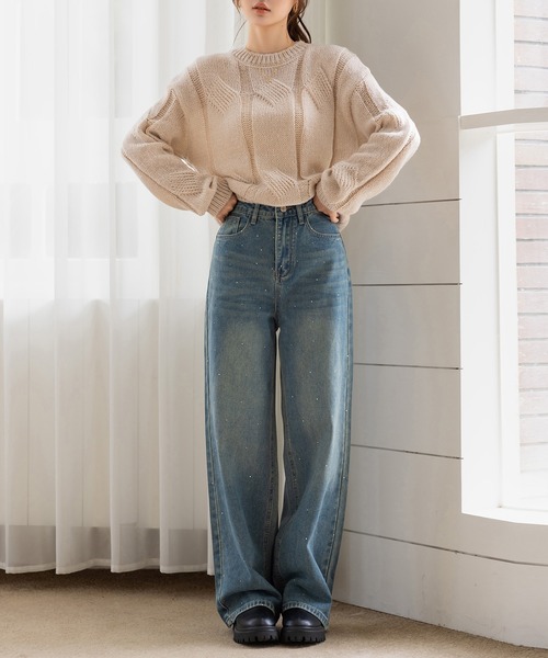 DAY CLOSET（デイ クローゼット）の「【ウォッシュ加工/穿くだけトレンド】大人っぽ煌めきラインストーンストレートデニムパンツ（デニムパンツ・レディース・ライトブルー/インディゴブルー/ブラック・L/S/M）」の15枚目の写真