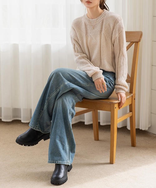 DAY CLOSET（デイ クローゼット）の「【ウォッシュ加工/穿くだけトレンド】大人っぽ煌めきラインストーンストレートデニムパンツ（デニムパンツ・レディース・ライトブルー/インディゴブルー/ブラック・L/S/M）」の14枚目の写真