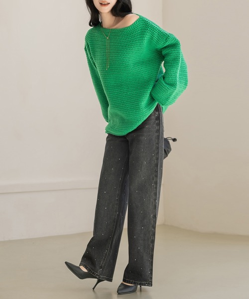 DAY CLOSET（デイ クローゼット）の「【ウォッシュ加工/穿くだけトレンド】大人っぽ煌めきラインストーンストレートデニムパンツ（デニムパンツ・レディース・ライトブルー/インディゴブルー/ブラック・L/S/M）」の8枚目の写真