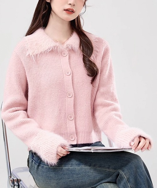 セール】ファー切り替え襟付きリブニットカーディガン（カーディガン