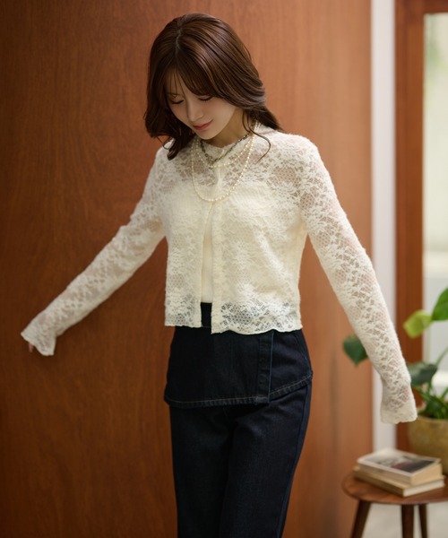 LAULEN（ローレン）の「flower jacquard lace knit cardigan /フラワージャガードレースニットカーディガン（カーディガン/ボレロ・レディース・アイボリー/ブラック・FREE）」の8枚目の写真