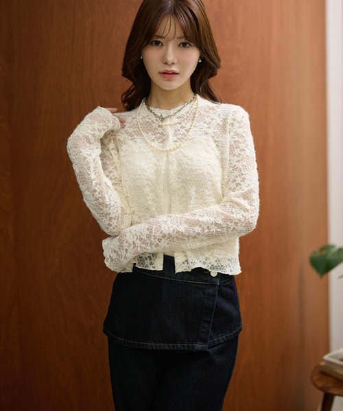 LAULEN（ローレン）の「flower jacquard lace knit cardigan /フラワージャガードレースニットカーディガン（カーディガン/ボレロ・レディース・アイボリー/ブラック・FREE）」の9枚目の写真