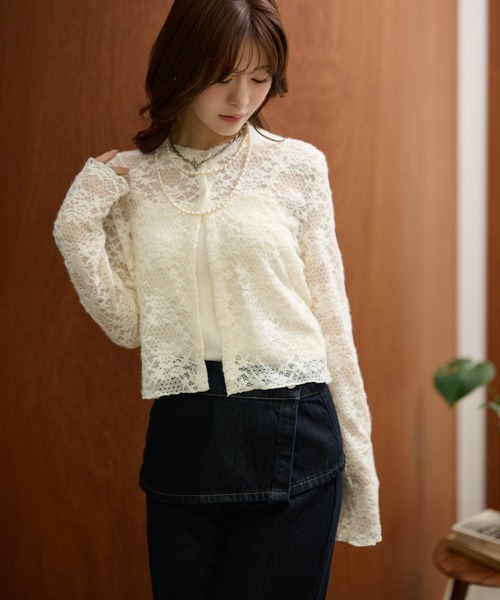 LAULEN（ローレン）の「flower jacquard lace knit cardigan /フラワージャガードレースニットカーディガン（カーディガン/ボレロ・レディース・アイボリー/ブラック・FREE）」の10枚目の写真