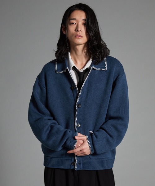 VELNUS(ベルナス)の「【VELNUS】Color stitching design knit shirt cardigan/配色ステッチデザイン ニットシャツカーディガン(カーディガン/ボレロ・メンズ・ブルー/ブラック・S/M/L)」の2枚目の写真