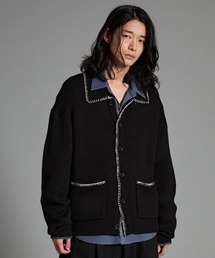【VELNUS】Color stitching design knit shirt cardigan/配色ステッチデザイン ニットシャツカーディガン