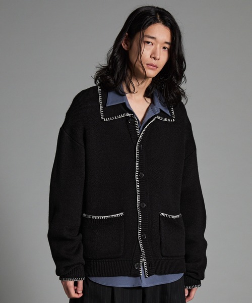 ユーロヴィンテージ　カーディガン VELNUS】Color stitching design knit shirt cardigan/配色ステッチ
