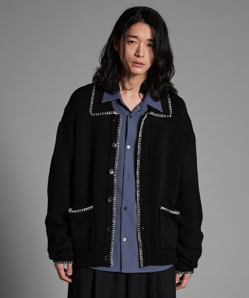 VELNUS】Color stitching design knit shirt cardigan/配色ステッチ