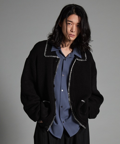 VELNUS】Color stitching design knit shirt cardigan/配色ステッチ