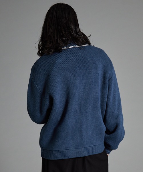 VELNUS】Color stitching design knit shirt cardigan/配色ステッチ