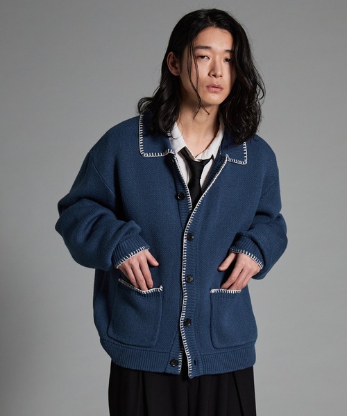 VELNUS】Color stitching design knit shirt cardigan/配色ステッチ