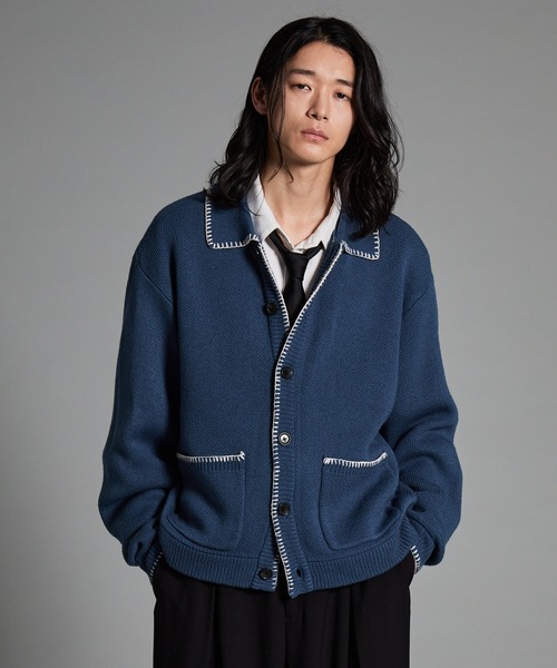 VELNUS】Color stitching design knit shirt cardigan/配色ステッチ