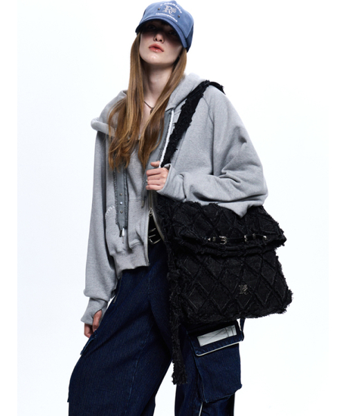 セール】RHOMBUS DENIM CROSS BAG - BLACK（メッセンジャーバッグ