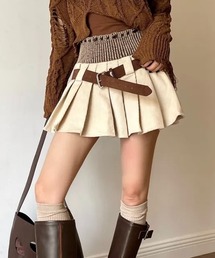 ベルト付きコーデュロイプリーツミニスカート