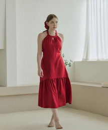 BELLEMA（ベルマ）の「RED Linen Back-Open Ribbon Halterneck Dress（ワンピース）」