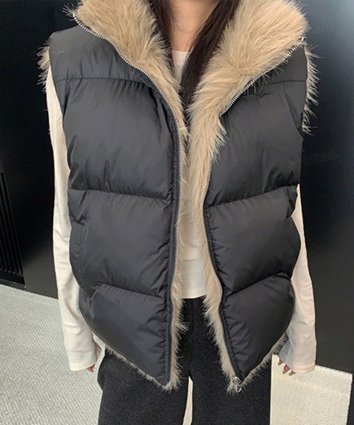 韓国ファッション ricecake刺繍ロゴリバーシブルファーベスト（ダウン