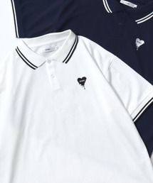 SITRY Heart Embroidery Polo Shirt/別注 オーバーサイズ ハートロゴ ワンポイントラメ刺繍 リブライン 半袖ポロシャツ レディース メンズ