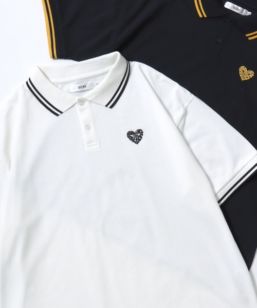 SITRY（シトリー）の「SITRY Heart Embroidery Polo Shirt/別注 オーバーサイズ ハートロゴ ワンポイントラメ刺繍 リブライン 半袖ポロシャツ レディース メンズ（ポロシャツ・レディース・グレー系その他/ブラック系その他3/ブラック系その他/レッド系その他/ホワイト系その他/グリーン/ブラック/ネイビー/ホワイト/チャコール/ブルー系その他/グリーン系その他/ブラウン/ブラック系その他2/ワイン/ブラウン系その他・L/M/XL）」の2枚目の写真
