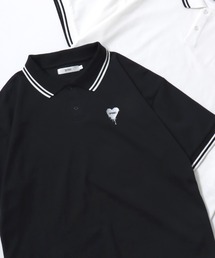 SITRY Heart Embroidery Polo Shirt/別注 オーバーサイズ ハートロゴ ワンポイントラメ刺繍 リブライン 半袖ポロシャツ レディース メンズ