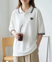 SITRY（シトリー）の「SITRY Heart Embroidery Polo Shirt/別注 オーバーサイズ ハートロゴ ワンポイントラメ刺繍 リブライン 半袖ポロシャツ レディース メンズ（ポロシャツ）」