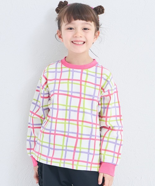 セール】【しなやかストレッチ】ガールズ 総柄チェック 長袖Tシャツ（T