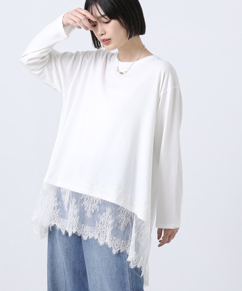 Gready Brilliant(グレディブリリアン)の「レースヘムワイドロンT(Tシャツ/カットソー・レディース・オフホワイト/ブラック・38)」の1枚目の写真