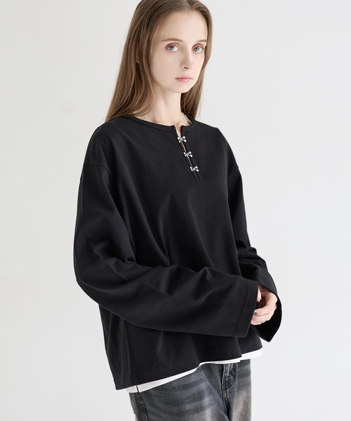 LILL（リル）の「シルバーパーツヘビーウエイトコットンヘンリーネックロングスリーブカットソー（Tシャツ/カットソー・メンズ・ホワイト/ブラック/ブルーグレー/チャコールグレー・XL/L/M/S）」の12枚目の写真