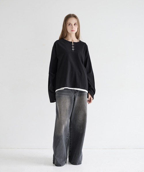 LILL（リル）の「シルバーパーツヘビーウエイトコットンヘンリーネックロングスリーブカットソー（Tシャツ/カットソー・メンズ・ホワイト/ブラック/ブルーグレー/チャコールグレー・XL/L/M/S）」の9枚目の写真