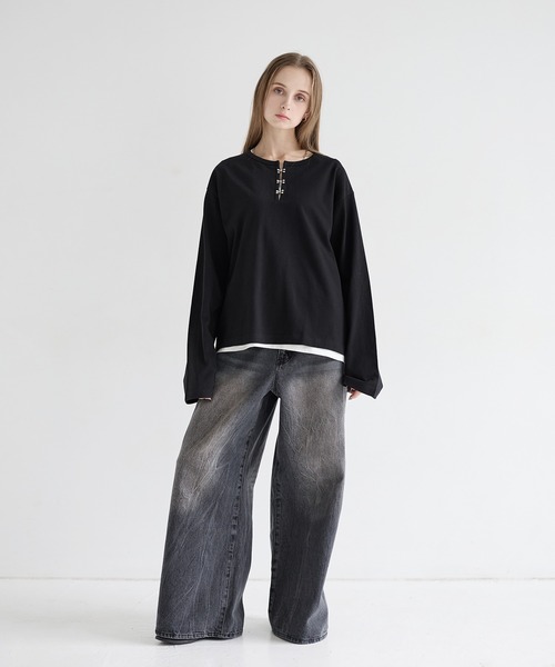 LILL（リル）の「シルバーパーツヘビーウエイトコットンヘンリーネックロングスリーブカットソー（Tシャツ/カットソー・メンズ・ホワイト/ブラック/ブルーグレー/チャコールグレー・XL/L/M/S）」の8枚目の写真
