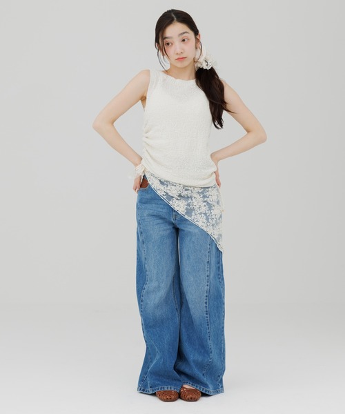 SENEE ホワイト ワイドレッグデニム Sサイズ stitch line wide denim（ステッチラインワイドデニム）（デニムパンツ