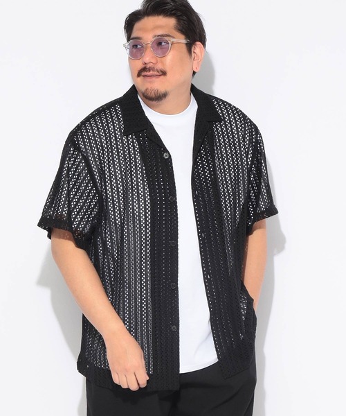 SAKAZEN（サカゼン）の「シャツ 半袖 メンズ 大きいサイズ クロシェ編み ニット 開襟シャツ Hampton wear (ハンプトンウェア)（シャツ/ブラウス・メンズ・アイボリー/ブラック/ブラウン・X3(6L～7L)/X1(3L～4L)/X2(4L～5L)）」の2枚目の写真