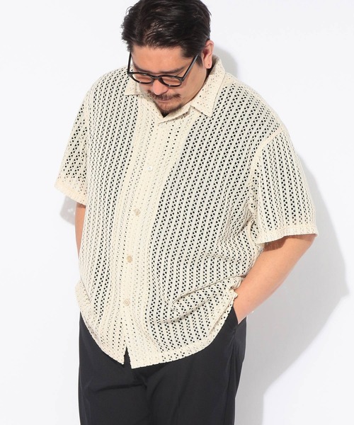 SAKAZEN（サカゼン）の「シャツ 半袖 メンズ 大きいサイズ クロシェ編み ニット 開襟シャツ Hampton wear (ハンプトンウェア)（シャツ/ブラウス・メンズ・アイボリー/ブラック/ブラウン・X3(6L～7L)/X1(3L～4L)/X2(4L～5L)）」の4枚目の写真