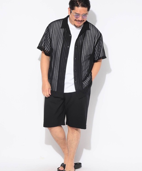 SAKAZEN（サカゼン）の「シャツ 半袖 メンズ 大きいサイズ クロシェ編み ニット 開襟シャツ Hampton wear (ハンプトンウェア)（シャツ/ブラウス・メンズ・アイボリー/ブラック/ブラウン・X3(6L～7L)/X1(3L～4L)/X2(4L～5L)）」の9枚目の写真