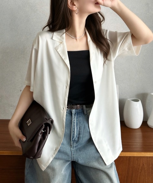 Eclat one(エクラワン)の「【Eclat one】 サテン ライク 開襟 ゆるっと シャツ(シャツ/ブラウス・レディース・ピンク/ブラック/アイボリー・FREE)」の7枚目の写真