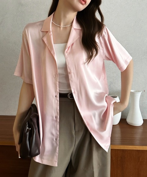 Eclat one(エクラワン)の「【Eclat one】 サテン ライク 開襟 ゆるっと シャツ(シャツ/ブラウス・レディース・ピンク/ブラック/アイボリー・FREE)」の18枚目の写真